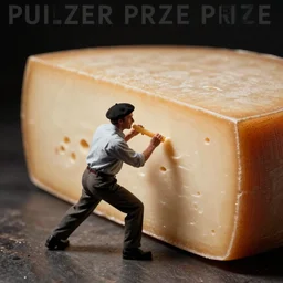 very tiny swiss man wearing a beret struggles to eat a huge wheel of cheese, 35mm film, Pulitzer Prize winning photography, dramatic lighting, dynamic pose