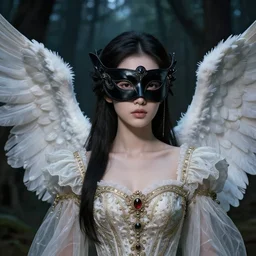 a masterpiece ultrarealistic ultradetailed portrait of incredibly beautiful asian angel princess with black leather mask. baroque renaissance girl in the night forest. medium shot, intricate, elegant, highly detailed. trending on artstation, digital art, by stanley artgerm lau, wlop, rossdraws, james jean, andrei riabovitchev, marc simonetti, yoshitaka amano. background by james jean, light by julie bell, porcelain skin.