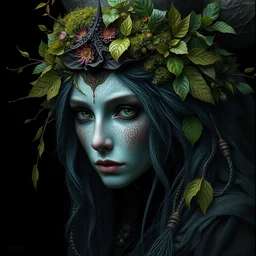 a portrait of beautiful witch by irakli nadar with intricate detailed color smashing fluid oil paint and acrylic, ornate, moss and leaves headdress, ruan jia, dark fantasy, hyper detailed, concept art, by gustav klimt, by sue bryce, moody lighting, black background