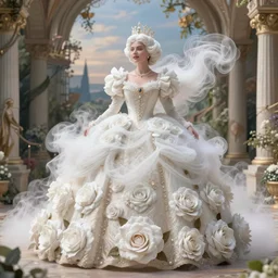 a sweet queen with a white large magnificent more and more vaporous ,wrapped ,hight decorated, detailed ,white roses cotton cream dress shooting surrounded by a wonderful renaissance landscape background, octane,3d, surrealism 8k