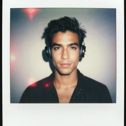 analog vintage photography portrait polaroid of a beautiful gay man from the 7 0 s in latex gear, bright light, lensflare, reflection, red color bleed, heavy film grain, bloom, glow