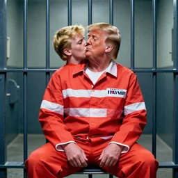 portrait of Alex Jones kissing Donald trump wearing prison clothes while prison sittibg in a prison jail cell behind bars, craig mullins, vibrant color, octane