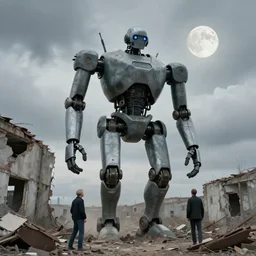 a ivan shishkin and simon stalenhag photo of an enormous robot walking through a ruined building, the sky is cloudy. the moon is full.