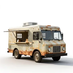 rustic food truck, commercial catalog photo, isolated on a pure white background, centered, entire object in frame, sharp focus, soft studio lighting