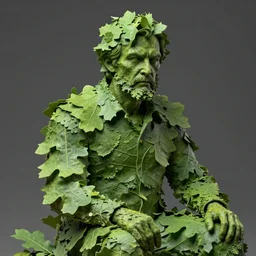 ( leafy is having an green oak leaf texture in several layers and a fractal structure ) hyperrealistic close up studio portrait of a seated stern middle aged leafy man, hyperrealistic sculpture, trending on artstation 8 k shocking detail hard shadows
