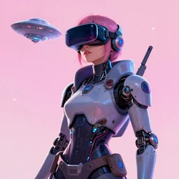 cyberpunk concept cool warrior girl bot, galaxy, ufo, space sci - fi, wearing vr goggles, illustration, portrait, pastel neon textured background night, trending on artstation, greg rutkowski, octane rendered, 1 2 k, detailed,