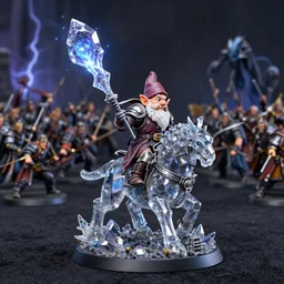 small gnome riding am armored golem still frame from warhammer movie, legendary magical crystal construct by wayne barlowe, crystal golem fighting vast army by jakub rozalski, labradorite lightning elemental by malczewski