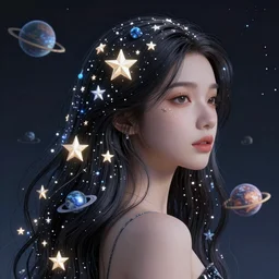 girl with long hair with stars,small planets, magical, high details, high modernization, ultra mega super hyper realistic, ultra mega super hyper beautiful