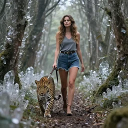 beautiful woman walks her pet leopard on a leash thru a crystal forest, hyperreal, atmospheric, photorealistic photographed in the style of National Geographic
