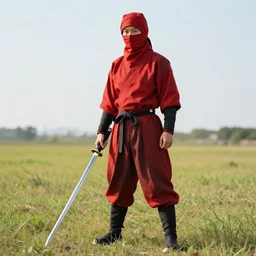 a red cloaked ninja standing on a field, noon, shot on studio camera, 4K Ultra HD, sword on the ground