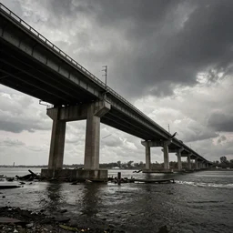 grainy photo of the remains of an enormous destroyed freeway bridge on the new york coast after the apocalypse