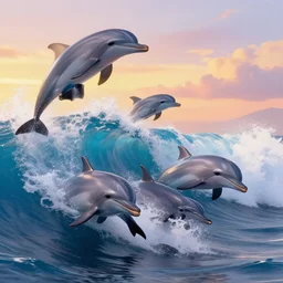 A group of metallic dolphins surfing a wave in Hawaii during the sunset, air brush,  Hajime Sorayama, 4K