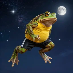 a toad! with green muscular body, wear! yellow sleeveless shirt and black sport shorts, jumps to the sky and stars, cosmos, moon, by mucha and caspar david friedrich, atmospheric lighting, intricate detail, cgsociety, hyperrealistic, octane render, rpg portrait, ambient light, dynamic lighting