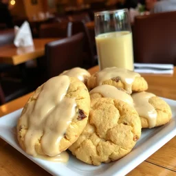 a plate of cookies that is covered with gravy, served at a restaurant
