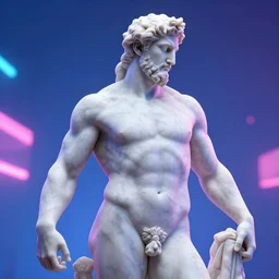unreal engine octane render houdini hyperreallistic render 8k marble statue of hercules vaporwave blue and pink neon background