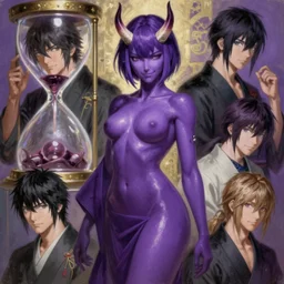 ultradetailed beautiful painting of a stylish shuten douji from fate wearing only a kimono, oni horns, hourglass slim figure, short purple hair, purple skin, seductive smile, volumetric light, full body portrait by greg rutkowski, ilya kuvshinov, james jean, makoto shinkai, on artstation