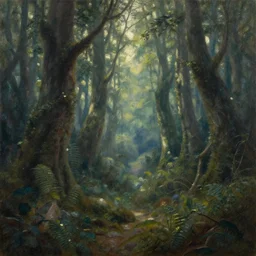 An oil painting of a fantasy forest by Rembrandt; beautiful!!!!!!!!!!
