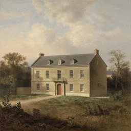 a building in a landscape, by john atkinson grimshaw