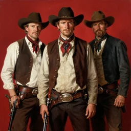Solomon Joseph Solomon and Richard Schmid and Jeremy Lipking victorian genre painting portrait painting of Jack Elam a rugged cowboy gunfighter old west character in fantasy costume, red background