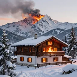 mountain chalet covered in fire, smoke, sunrise, snow, sharp details, sharp focus, elegant, highly detailed, illustration, by Jordan Grimmer and greg rutkowski and PiNe(パイネ) and 薯子Imoko and 香川悠作 and wlop and maya takamura, intricate, beautiful, Trending artstation, pixiv, digital Art