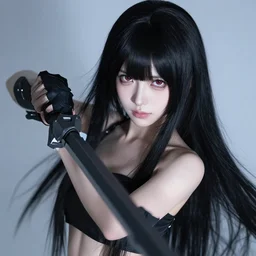highly detailed beautiful corpse party cosplay, warcore, dramatic pose, long black hair and fringe, upper body portrait, clear and perfect eyes, midriff, professional photography overhead lighting, 8 k 3 5 mm, holding weapon, pixiv