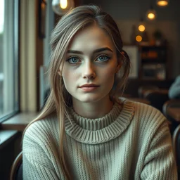 a photograph of a nerdy young woman wearing a sweater, sitting in a cozy cafe, pale, freckles, dof, sharp focus, highly detailed face, symmetric face, realistic iris, cinestill 8 0 0 t, photography by paolo roversi
