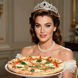a detailed photo of young sophia loren, posing as a queen, presenting a pizza margherita, tiara, pearl necklace, beautiful, stunning, smooth lighting, exquisit detail, masterpiece, photo by letizia battaglia