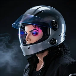 photo of michael jackson inside, leds visor helmet, profile pose, bust shot, high detail, studio, black background, smoke, sharp, cyberpunk, 8 5 mm sigma art lens