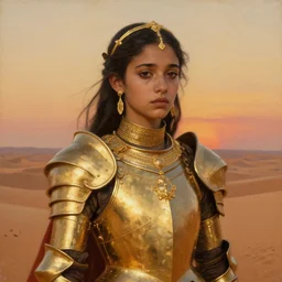 a young sad dejah thoris on mars wearing detailed plate armor made of gold, portrait, after a battle, big gold jewelry, elegant small tiara, sand dunes to the horizon, fantasy, smooth, 4 k, sunset, oil painting on canvas by sargent and alphonse mucha, wlop