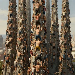 hundreds of humans climbing on each other creating incredible surrealistic towers, highly detailed, digital painting, matte, sharp focus, art by wlop, greg rutkowski, alphonse mucha, frank frzetta, boris vallejo, bouguereau, beksinski, cinematic, octane render
