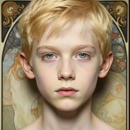 portrait of 1 5 - year - old boy, a tall, slender boy with a pale, pointed face, sleek blond hair, and ice grey eyes, hyper realistic face, beautiful eyes, close up, fantasy art, in the style of greg rutkowski, intricate, alphonse mucha, hyper detailed, smooth