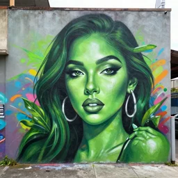 green goddess as a graffiti mural by lee, masterpiece, trending on artstation