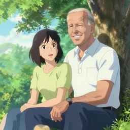 photorealistic Joe Biden meets a beautiful smiling bald Walter White sitting under a tree, anime key visual, digital art, anime screenshot, kyoto animation, makoto shinkai, trending on artstation