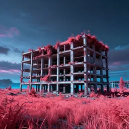 a beautiful photorealistic render of building abandoned farmland unfinished building city architecture urbex by nicolas poussin, infrared evil cosmic otherworldly sea san andreas atlantis at dusk neon noir sci - fi meadow thermal imaging, archdaily, wallpaper, highly detailed, trending on artstation.