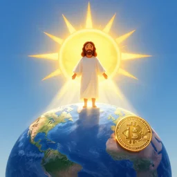 jesus under the sun bringing light to earth, sun as bitcoin, glorious, dramatic, volumetric lighting, digital painting, ultra sharp, extreme details