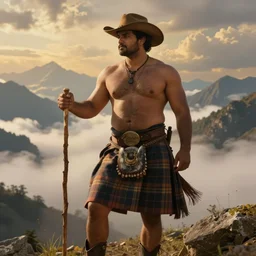 a dramatic epic beautiful ethereal painting of a handsome beefy shirtless desi cowboy in the mountains | he is wearing a plaid kilt and cowboy hat, and holding a walking stick | background is clouds and mountains | dramatic lighting, golden hour, homoerotic, realistic, art nouveau | by mark maggiori and walter crane | trending on artstation