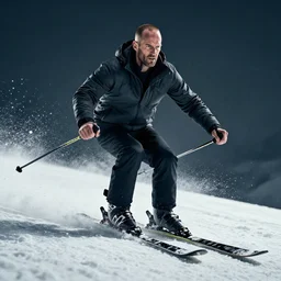 jason statham skiing, angry, full body shot, cinematic lighting, studio quality