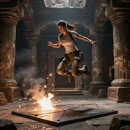 lara croft jumping over a trap that just went off in a dimly lit underground dungeon, ancient tombs in the background, in the style of ross tran