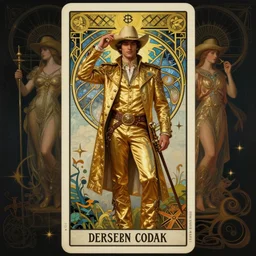 a dramatic ethereal epic symmetrical painting of a handsome! cowboy in a golden outfit | tarot card, art deco, art nouveau,  (steampunk), homoerotic, realistic | by Dresden Codak, by Mark Maggiori and ((((Alphonse Mucha))) | trending on artstation