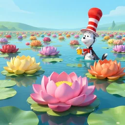 digital illustration of a lake full of giant multi - colored lotus flowers by dr. seuss, reimagined by ilm and beeple : 1 | megaflora, spectral color, electric color, rolling hills : 0. 9 | fantasy : 0. 9 | unreal engine, deviantart, artstation, hd, 8 k resolution : 0. 8