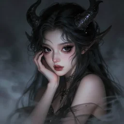 portrait photo of demon girl, dreamy and ethereal, expressive pose, big black eyes, exciting expression, fantasy, intricate, elegant, dark and moody smoke, highly detailed, digital painting, artstation, concept art, smooth, sharp focus, illustration, art by ryan hewett, kodak portra 4 0 0
