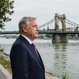 viktor orban with highly detailed face standing on the bank of danube river, looking at the destroyed chain bridge in budapest, by edward hopper