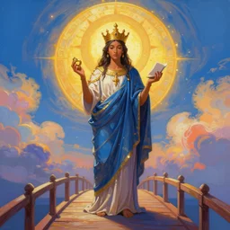 the hierophant stands a bridge between heaven and earth holding knowledge and tradition in her hands, 8 k resolution digital painting, vibrant colors, by alena aenami, by michael whelan, behance hd, trending on artstation deviantart