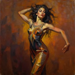 detailed full body portrait in daring femininity, ethnic, realistic face sculpted features, statuesque dancer, bold striking one piece form fitting dress, tousled hair, warm cast, bathed in light, filmic, chiaroscuro, embellished, accents, specular highlights, angular impressionism, radiant, deep rich tones, contemporary art, oil on canvas
