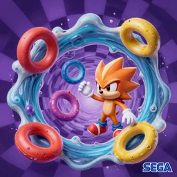 dream surreal, sharp, detailed professional, high quality airbrush art mgmt album cover of a liquid dissolving lsd dmt sonic the hedgehog collecting rings in a psychedelic vortex, purple checkerboard background, 1 9 9 0 s 1 9 9 2 sega genesis video game album cover