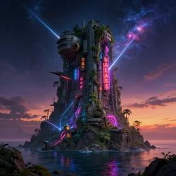 building by vija celmins, matte painting at dusk at night neon noir neon signs cosmic steampunk reclaimed by nature rainforest galactic azeroth uranus sunset fantasy futuristic synthwave laser cyberpunk desert myst partly sunny magic realism landscape architecture island sea, archdaily, wallpaper, highly detailed, trending on artstation.
