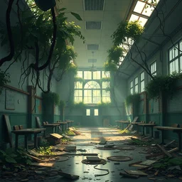 a stylized 2 d cinematic keyframe of a post - apocalyptic school interior covered by nature, debris, abandoned, joy gaze, cel - shaded, classical animation, edge - to - edge print, rendered by studio ghibli, artgerm, alyssa monks, andreas rocha, david kassan, neil blevins, rule of thirds, golden ratio, ambient lighting, artgerm, art