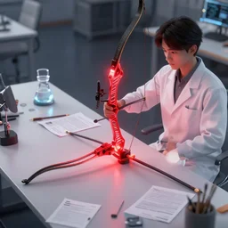 scientific photos of a glowing red archery bow on a table researcher notes tags digital painting trending on artstation by wlop octane render