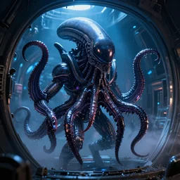 2 8 mm closeup portrait of a wet slimy dripping black metallic chrome mass effect robotic electronic neon cthulhu lovecraft octopus xenomorph alien sentinel with glowing eyes in cylindrical science fiction spaceship fusion engine chamber, dramatic lighting, octane, blue lights, lens flare, industrial, dirty, trending on artstation, golden ratio, h. r. giger, mist, action, volumetric lighting