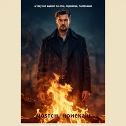 “ portrait of a very tall swedish man on fire, mysterious, homosexual, movie poster ”
